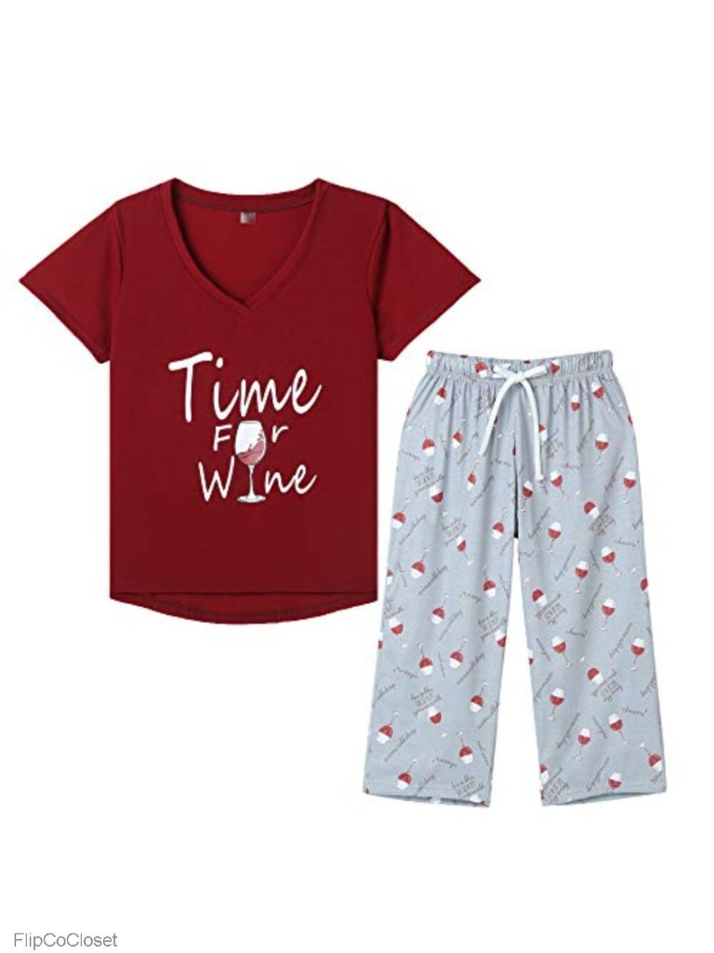 Women's Cartoon Print Pajama Set - Short Sleeve Top & Capri Pants, Polyester